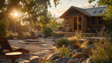 A sandy brown craftsman house, with a backyard that includes a cozy fire circle and a natural rock garden.
