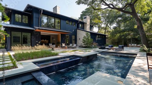 A navy blue craftsman house, featuring a backyard with a modern infinity pool and a sunken lounge area.