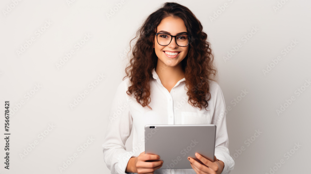 Young smiling woman holding a tablet and standing on a gray background Young smiling woman holding a tablet and standing on a gray background