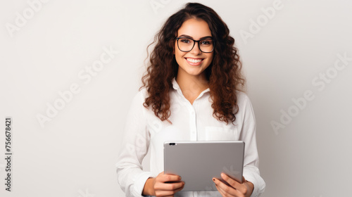 Wallpaper Mural Young smiling woman holding a tablet and standing on a gray background Torontodigital.ca