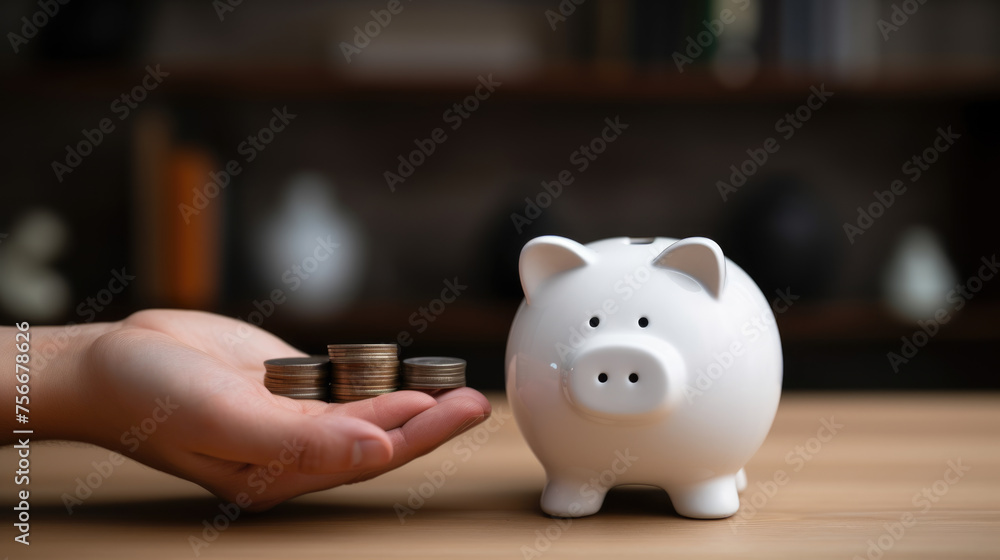 Obraz premium Woman's hand with Piggy bank