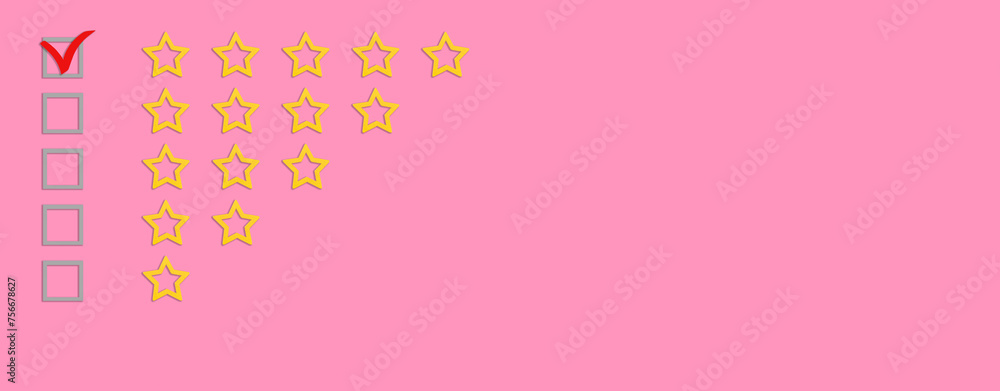 Gold, gray five stars shape on a pink background. Rating stars with tick. Feedback evaluation. Rank quality. Banner. Gold, gray five stars shape on a pink background. Rating stars with tick. Feedback evaluation. Rank quality. Banner.