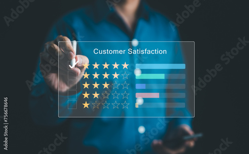 Customer satisfaction survey concept. User feedback and review satisfaction, Service experience rating online application, 5 star happy, excellent, Evaluation of product service quality by customers.