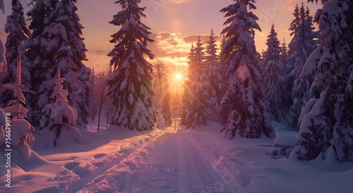 A beautiful winter sunset in the snowy forest, where trees covered with snow create a magical atmosphere