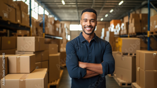 Confident man is smiling and standing in a warehouse with shelves filled with boxes, suggesting a role in logistics or inventory management.