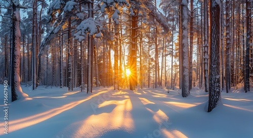 A beautiful winter sunset in the forest with tall trees covered in snow, illuminated by sunlight © artfisss
