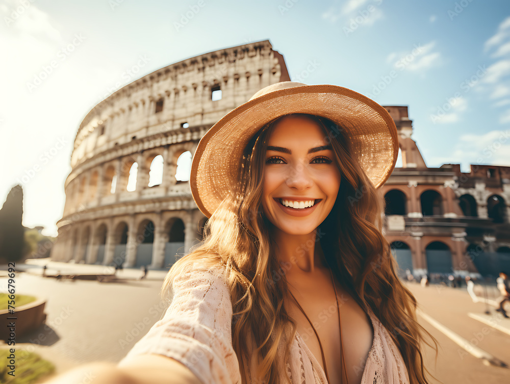 Tourists happily taking selfies with Coliseum background, Italy, Italy tourism concept.