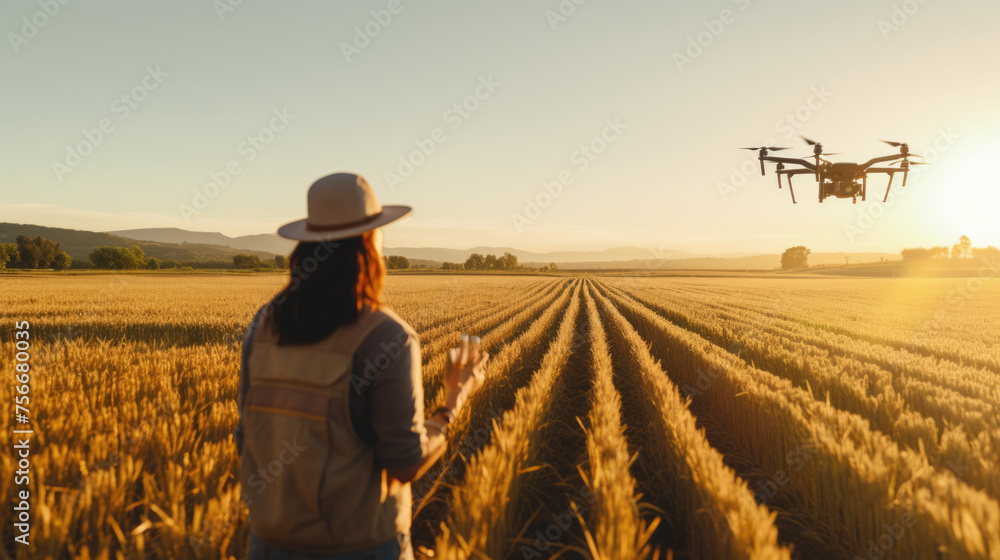 Woman in a field at sunset, operating a drone, which symbolizes modern agricultural technology and innovation. Woman in a field at sunset, operating a drone, which symbolizes modern agricultural technology and innovation.