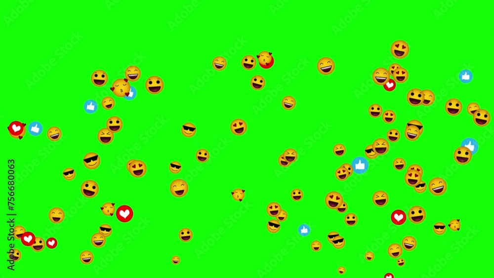 Various positive emojis, emoticon signs flying up over green background, chroma key. Reactions in social media application, social network concept. Various positive emojis, emoticon signs flying up over green background, chroma key. Reactions in social media application, social network concept.