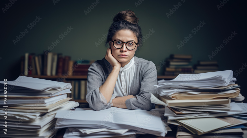 Woman looking overwhelmed and stressed while sitting at a desk piled high with stacks of paperwork, in a busy office setting. Woman looking overwhelmed and stressed while sitting at a desk piled high with stacks of paperwork, in a busy office setting.