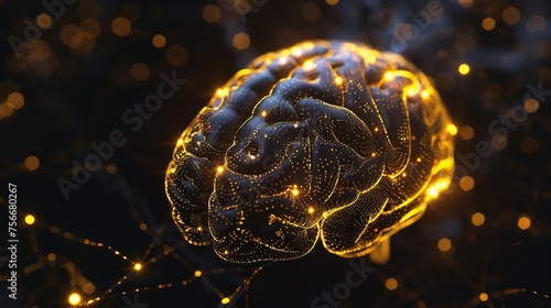 3d rendering of the human brain made from wires and gold gears on black background.