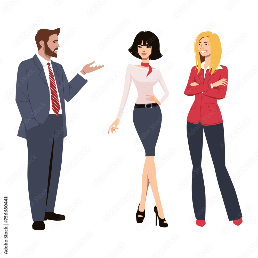Cute cheerful male and female employees or colleagues talking or speaking. Colorful vector illustration in flat style isolated on white background Cute cheerful male and female employees or colleagues talking or speaking. Colorful vector illustration in flat style isolated on white background