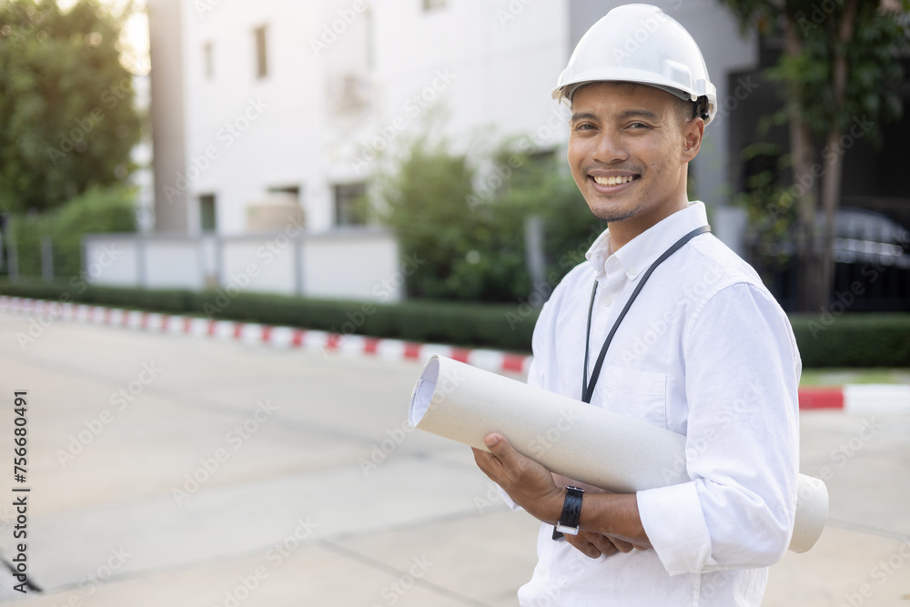 close up indian manager engineer man smile and hold blueprint of building project in front of site for civil and construction concept close up indian manager engineer man smile and hold blueprint of building project in front of site for civil and construction concept