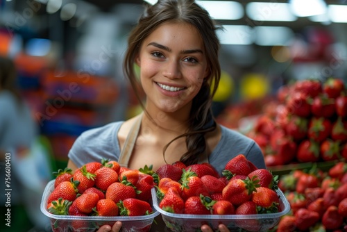 Portrait of a smiling woman holding two containers of fresh strawberries with supermarket shelves in the background 