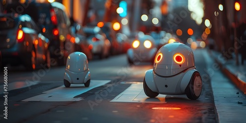 Fototapeta Naklejka Na Ścianę i Meble -  Robots equipped with advanced technology enhance safety and security on city streets. Concept Robot Technology, Safety, City Streets, Security, Advanced Technology