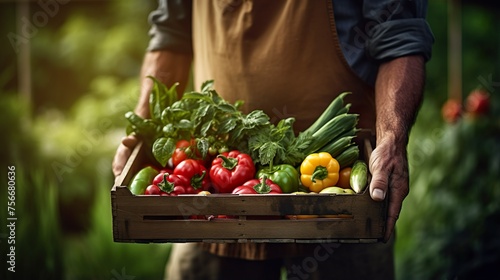Farmer carrying crate with gathered fresh vegetables in field