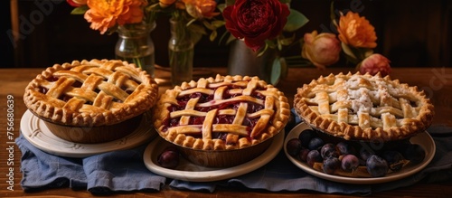 Three cherry pies are displayed on a wooden table, accompanied by a vase of flowers. The baked goods add a touch of sweetness to the tableware © AkuAku