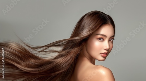 Studio Photo of an Asian Woman with Long Hair Flying, Clean Background