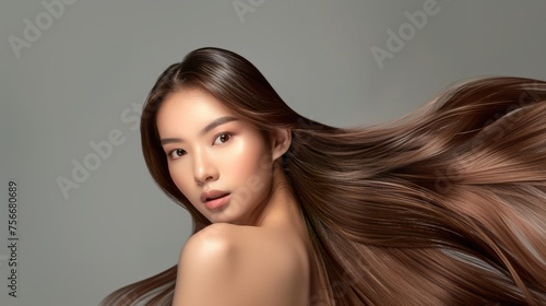 Asian Woman with Shiny and Healthy Hair Flying, Studio Photo, Hair Product Advertising
