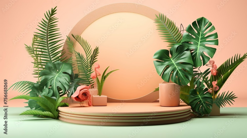 Obraz premium podium on tropical pink background for product presentation
