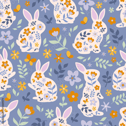 Happy Easter seamless pattern with silhouettes of bunnies and wildflowers. Hand-drawn vector texture