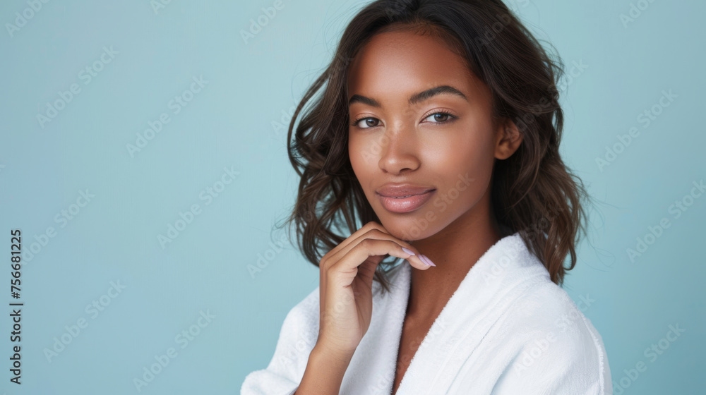 confident young woman with a subtle smile, posing with her hand on her chin against a blue background. confident young woman with a subtle smile, posing with her hand on her chin against a blue background.