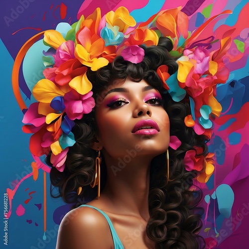 A woman with a colorful floral headdress and bright makeup looks upwards. The background is a colorful spray of paint.