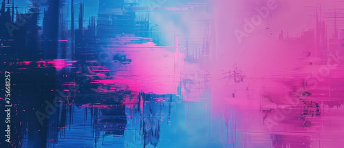 A blurry image of a cityscape with a pink and blue background