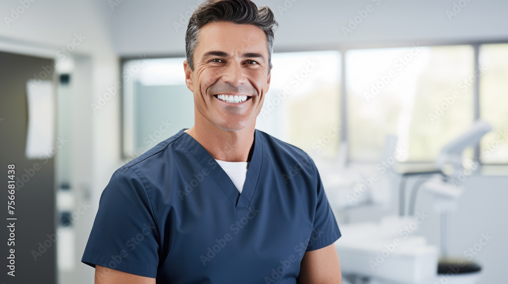 Obraz premium Cheerful dentist man wearing a lab coat standing in a dental clinic with a dental chair and equipment in the background.