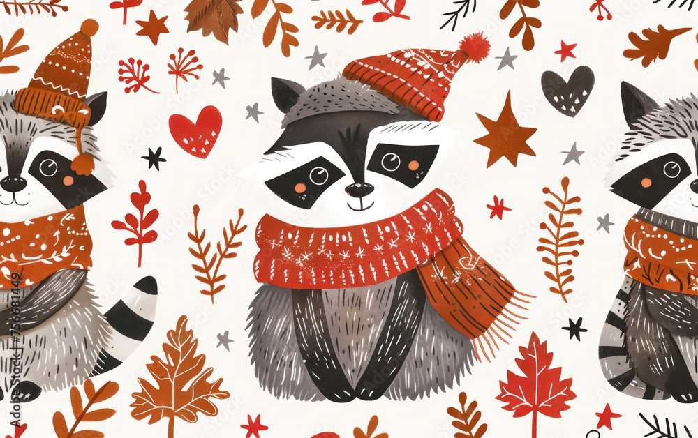 A drawing of three raccoons wearing hats and scarves
