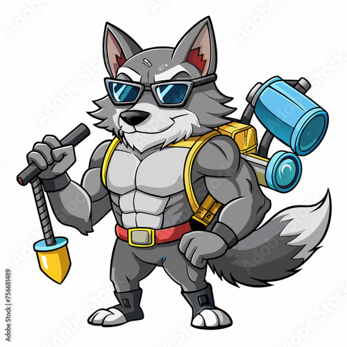 artoonish Gray color wolf, heroic-looking with muscles with backpack blower on his back giving thumbs up gesture, holding lawn equipment on other hand, wearing sunglass, full body