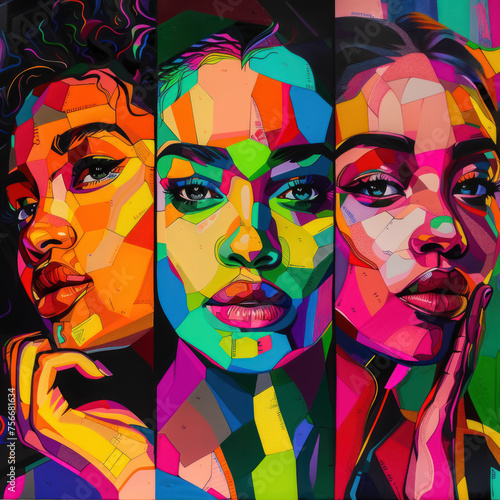 Three women with colorful faces painted on a canvas