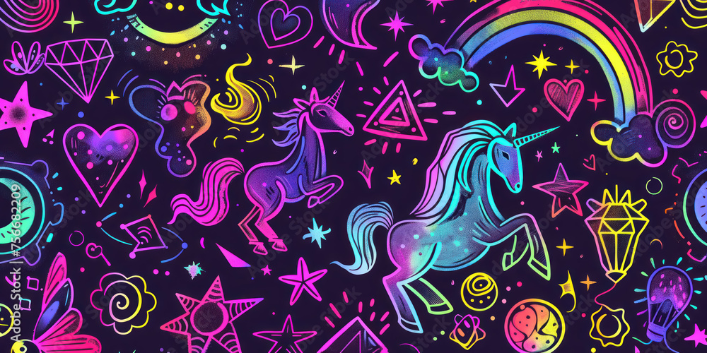 A colorful unicorn drawing with stars, hearts, and a rainbow
