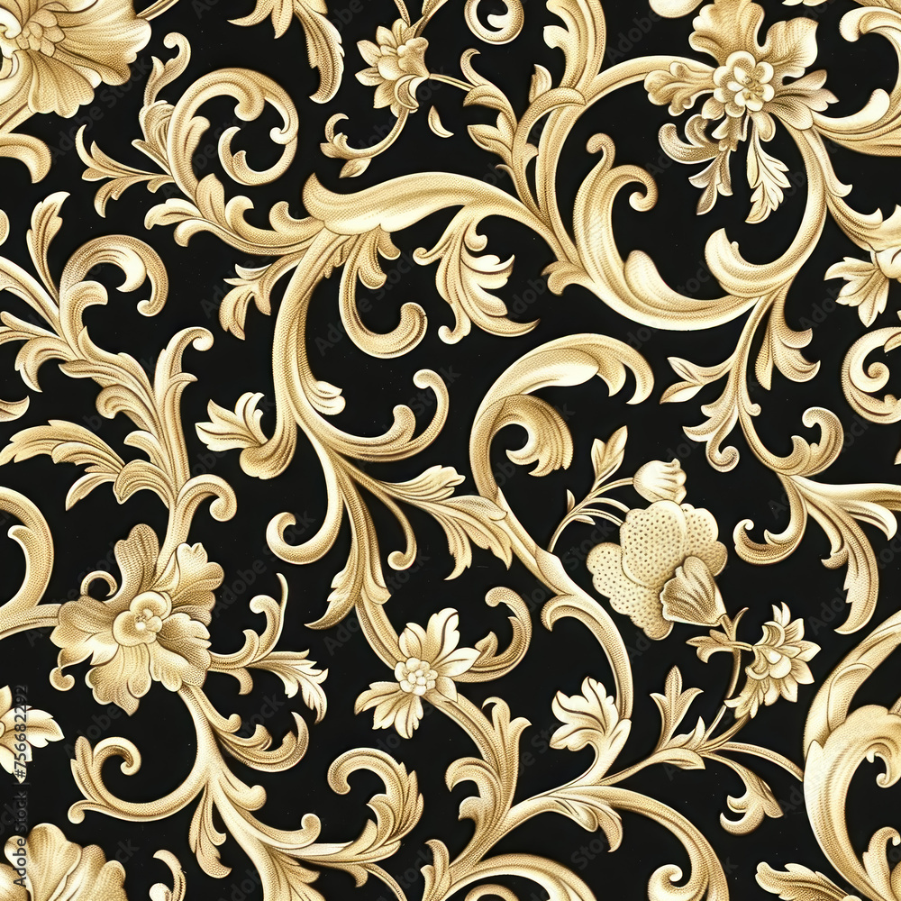 A black and gold floral patterned fabric A black and gold floral patterned fabric