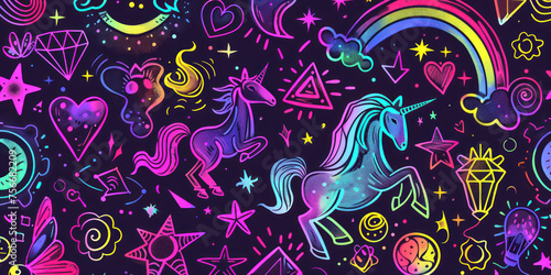 A colorful unicorn drawing with stars  hearts  and a rainbow
