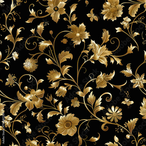 A gold and black floral patterned wallpaper