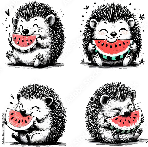 A set of 4 cute hedgehogs eating watermelon prepared as vectors to be scaleable and with a transparent background. photo