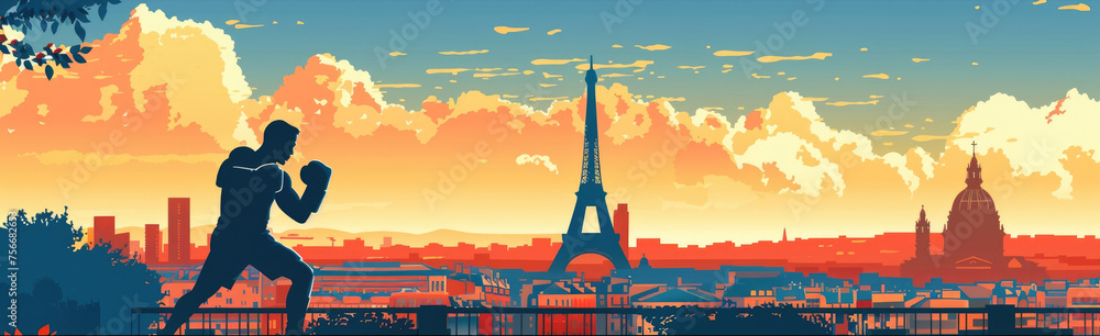 flat illustration, the Summer Olympic Games in Paris, boxing against the backdrop of the Eiffel Tower and a panorama of the sights of Paris
