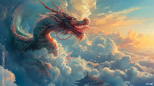 Oriental traditional Dragon artwork on red background. Lunar New Year Celebration © Damerfie