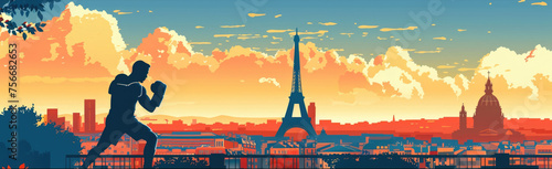 flat illustration, the Summer Olympic Games in Paris, boxing against the backdrop of the Eiffel Tower and a panorama of the sights of Paris photo