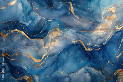A painting of a blue ocean with gold waves