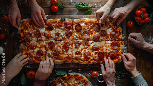 Hands reach for a slice of a freshly made rectangular pepperoni pizza at a pizza party. On a wooden cutting board.