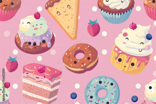 A colorful pattern of various desserts  including cakes  donuts  and cupcakes