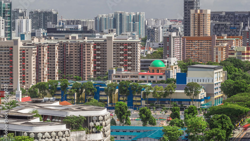 Photography Singapore skyline with Victoria street and shopping mall aerial timelapse