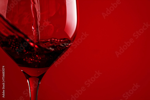 Red wine pouring in glass on red background closeup. Glass of wine, drink for celebrating, date, family dinner, party. Wine shop, wine tasting concept, copy space. Minimal winery banner photo