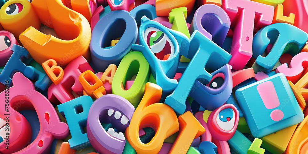 A colorful pile of letters and numbers, including the letters B, J, and F A colorful pile of letters and numbers, including the letters B, J, and F