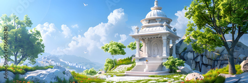 small hindu temple with white marble on senic green landscape with blue sky, god inside, close from back side,  photo