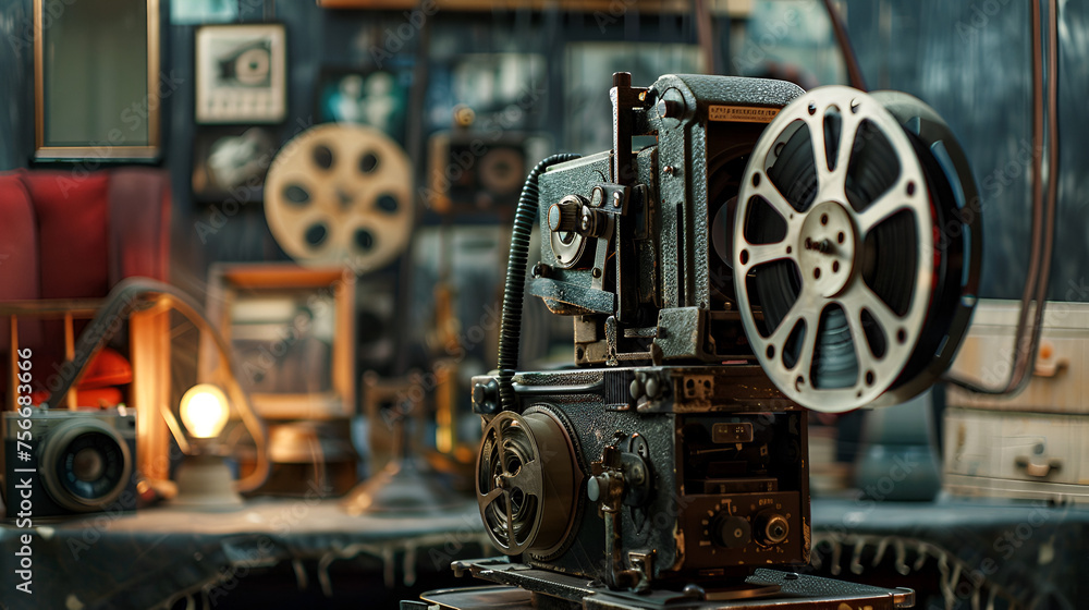 film projector on a wooden background with dramatic lighting and selective focus Old style movie projector, close-up, Generative Ai