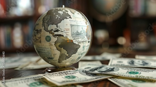 Globe made of US dollar bills only, concept: Money makes the world go round, 16:9