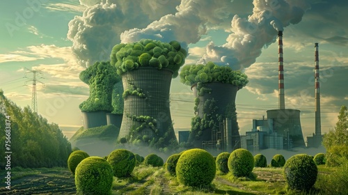 a solar plant and nuclear power plant overgrown with green branches and trees, topiary art, 16:9 photo
